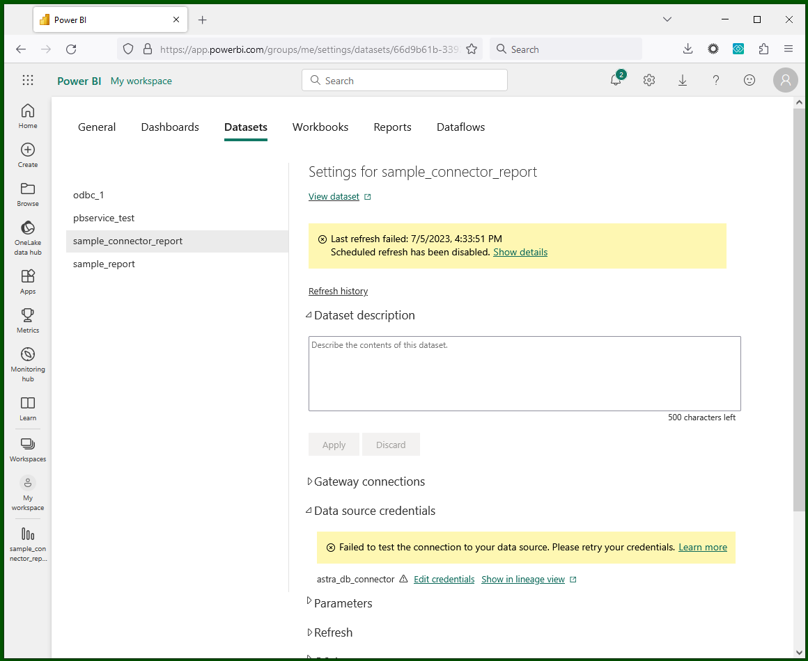 Power BI Service, Get to Data Source Settings (Custom connector)