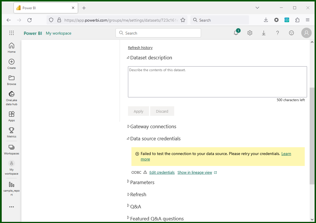 Power BI Service, Get to Data Source Settings (ODBC)